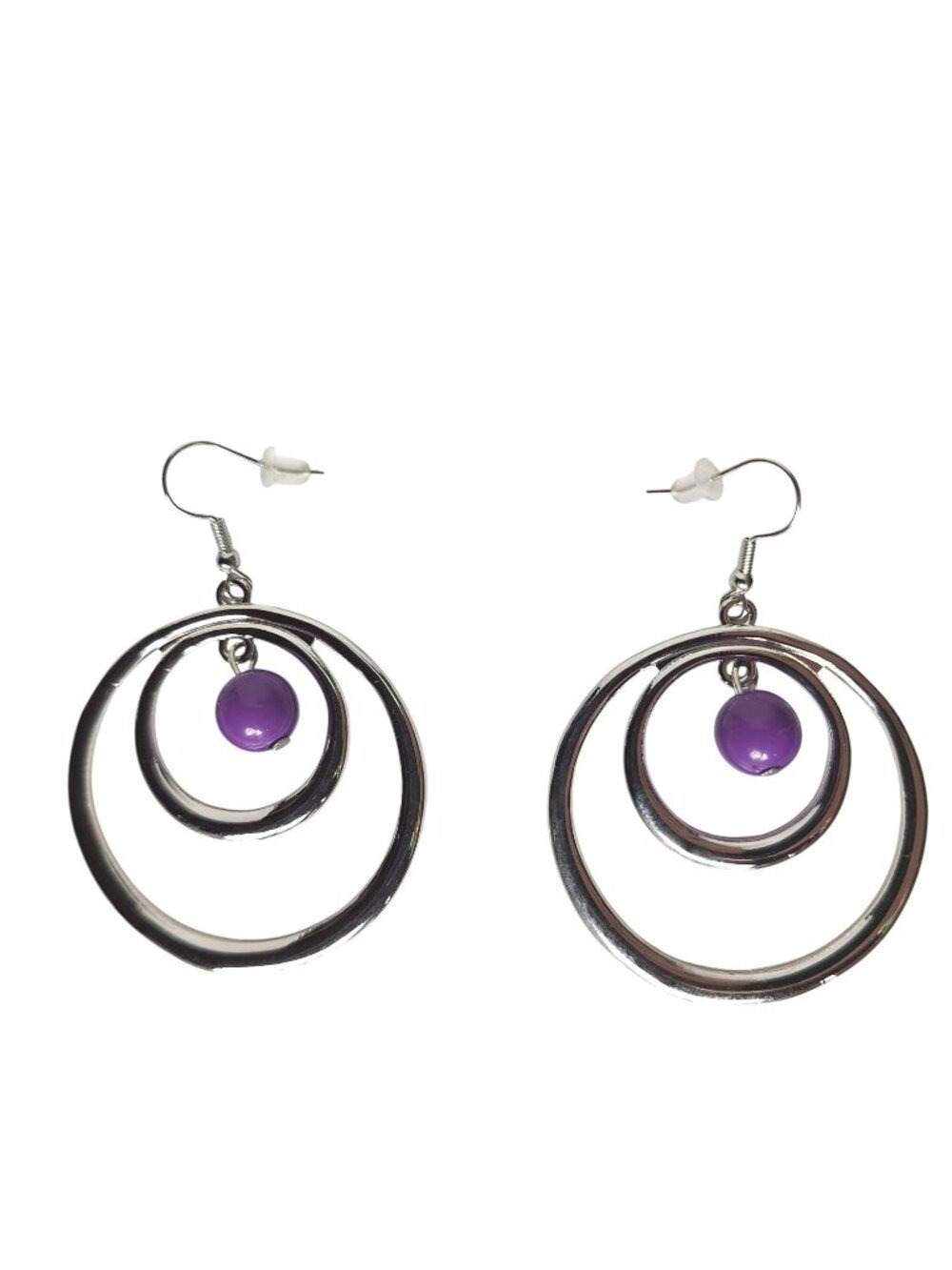 Silver Tone Double Hoop Dangle Earrings Purple Bead